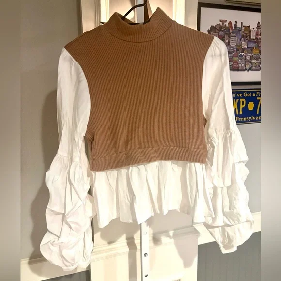 Anthropologie Tan and White Layered Top - Picture 5 of 6